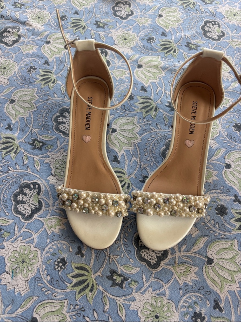 Steve Madden Cream Pearl & Crystal Ankle-Strap Heels